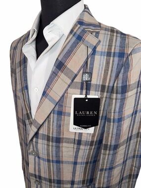NWT LAUREN RALPH LAUREN 100% LINEN PLAID SPORT COAT SZ 38R ULTRA FLEX